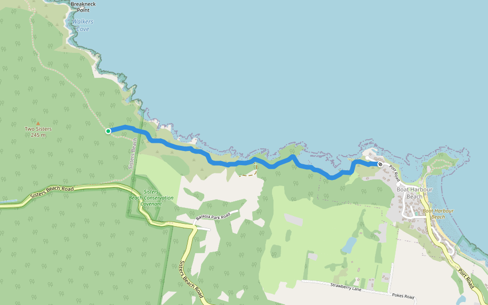 Boat Harbour Beach to Postmans Track Coastal Route walking route map in Sisters Beach