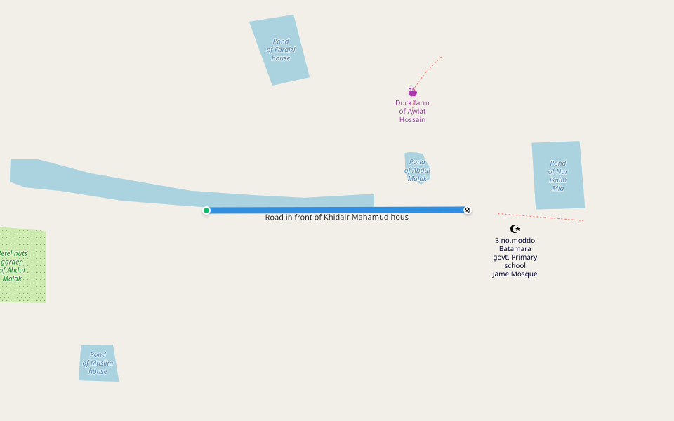 Road in front of Khidair Mahamud hous walking route map in Bara Manika