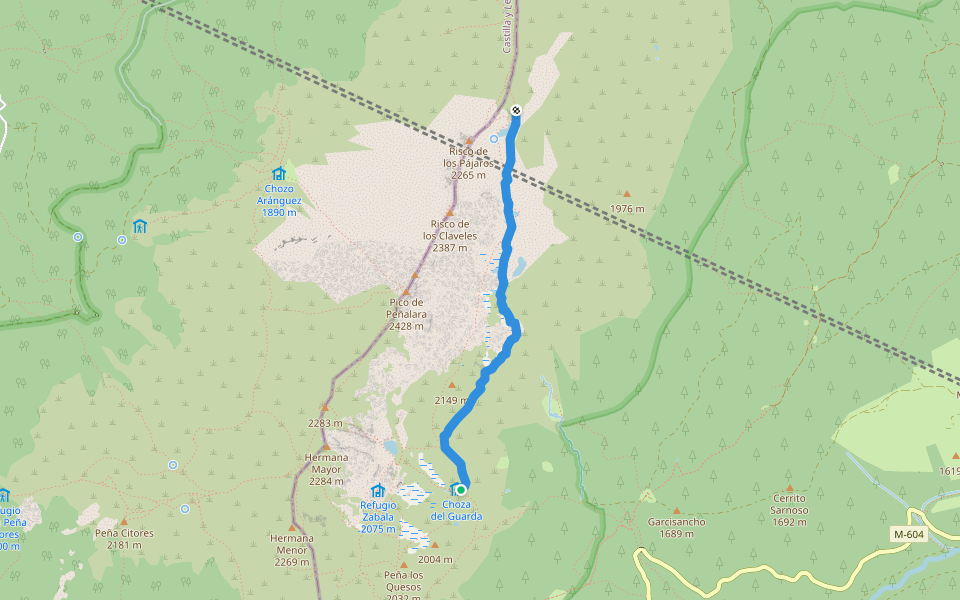 Camino a Las lagunas de Claveles Y los Pájaros walking route map in Rascafría
