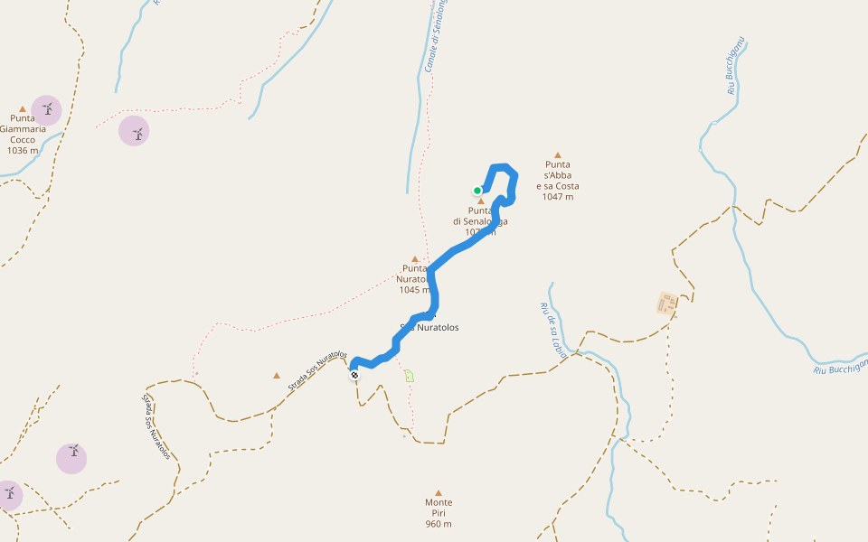 Sentiero Sos Nuratolos - P.ta Senalonga walking route map in Ala' dei Sardi