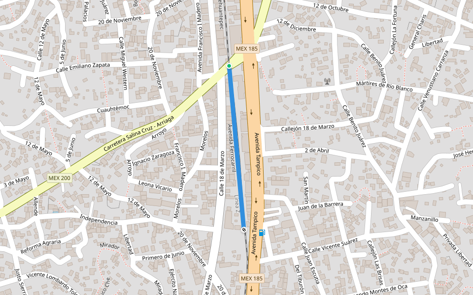 Avenida Ferrocarril walking route map in Salina Cruz