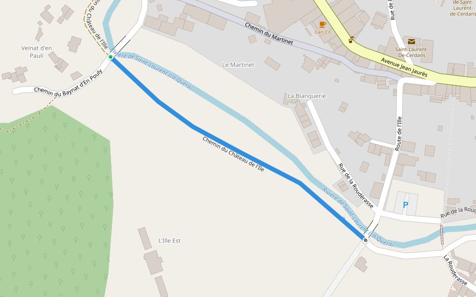 Chemin du Château de l'Île walking route map in Saint-Laurent-de-Cerdans