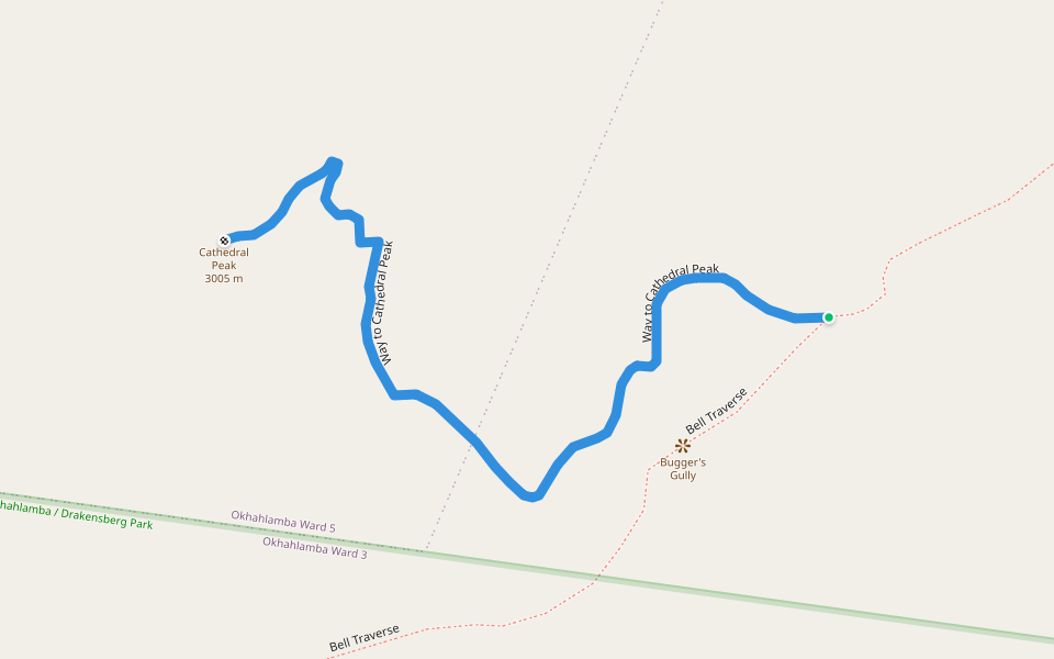 Way to Cathedral Peak walking route map in Kokwane