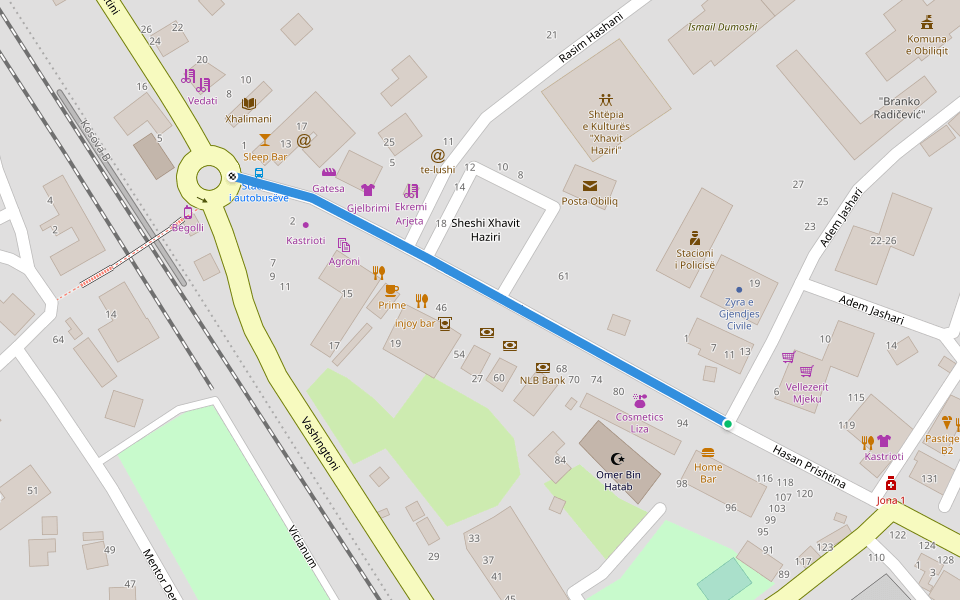 Dëshmorët e Kombit walking route map in Obilić