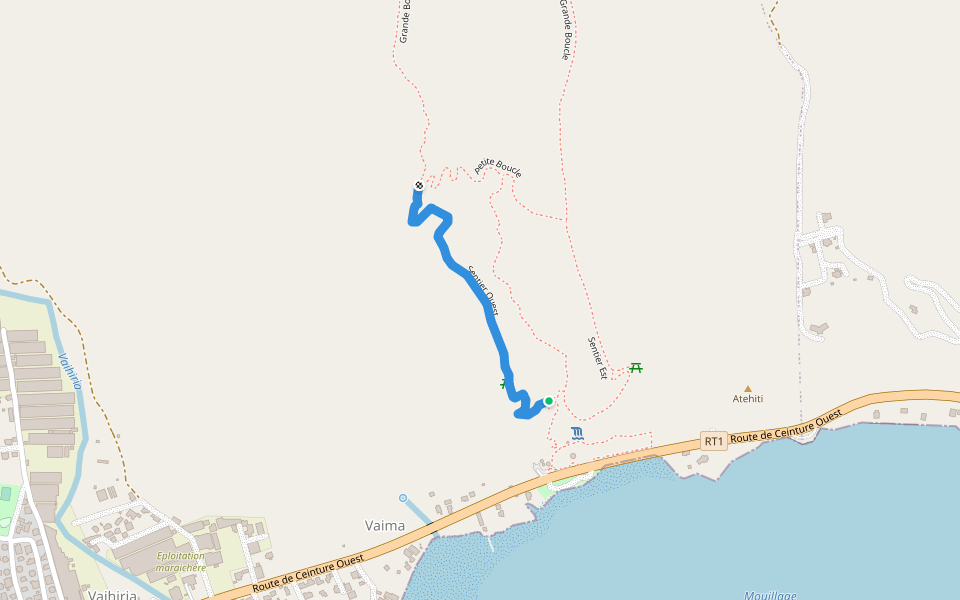 Sentier Ouest walking route map in Teva I Uta