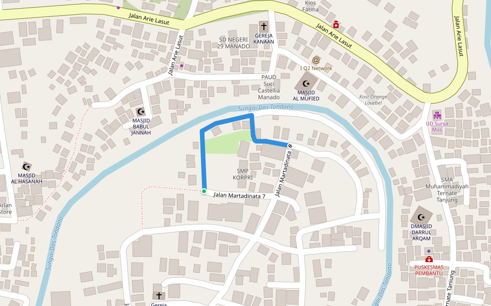 Jalan Martadinata 7 walking route map in Manado