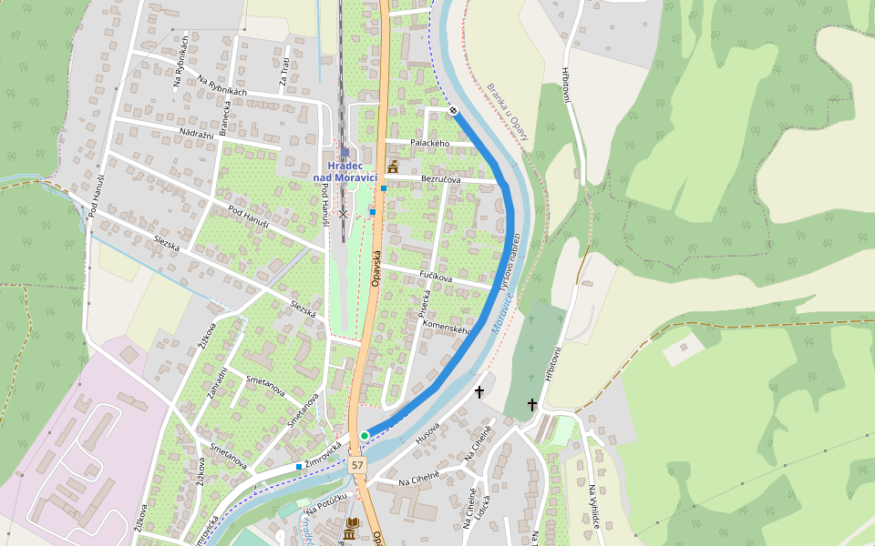 Tyršovo nábřeží walking route map in Hradec nad Moravicí