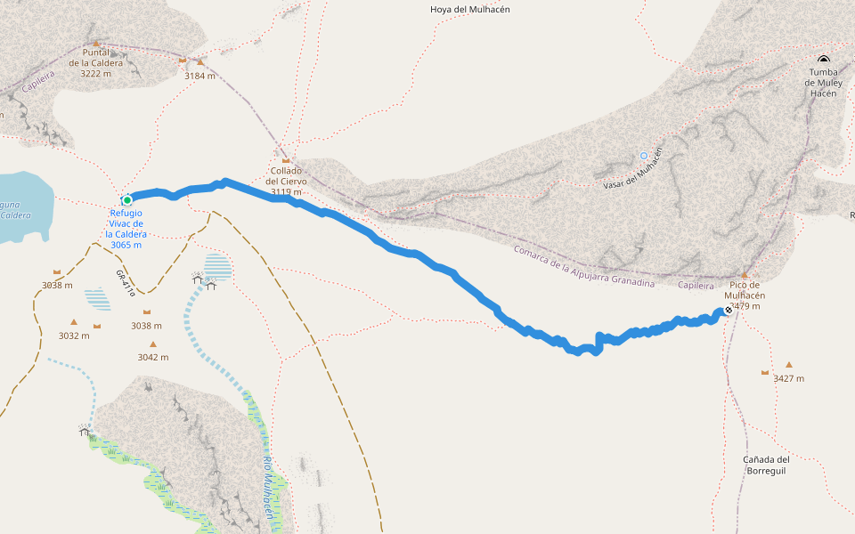 Subida al Mulhacén desde el Refugio de La Caldera walking route map in Trevélez