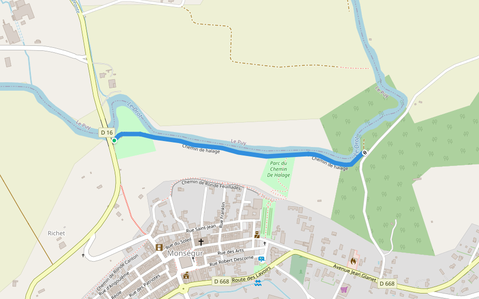 Chemin de halage walking route map in Monségur