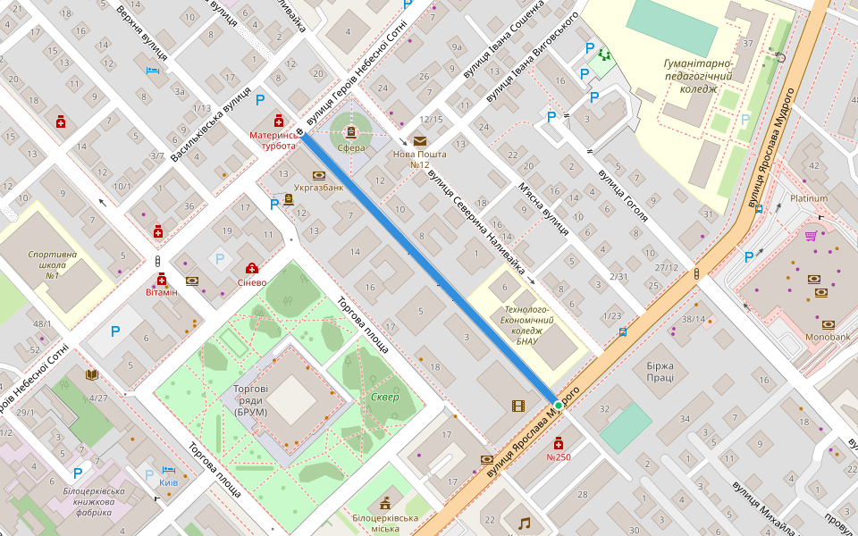 Театральна вулиця walking route map in Bila Tserkva