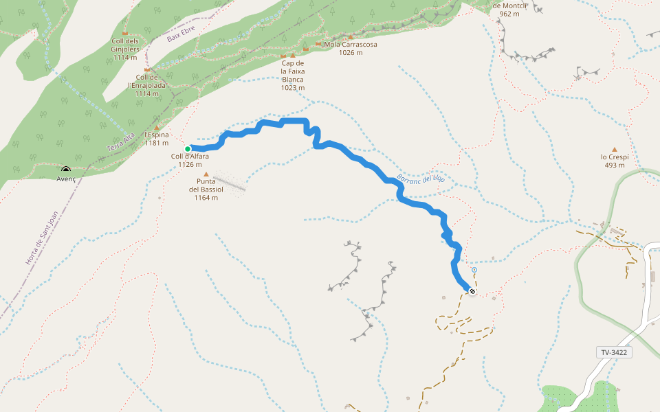 Camí del Bosc de l'Espina a Alfara de Carles walking route map in Alfara de Carles