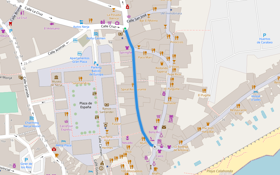 Calle Pintada walking route map in Nerja