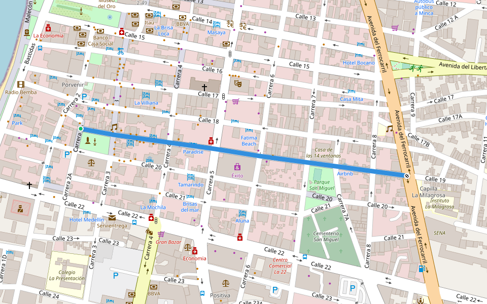 Calle 19 walking route map in Santa Marta