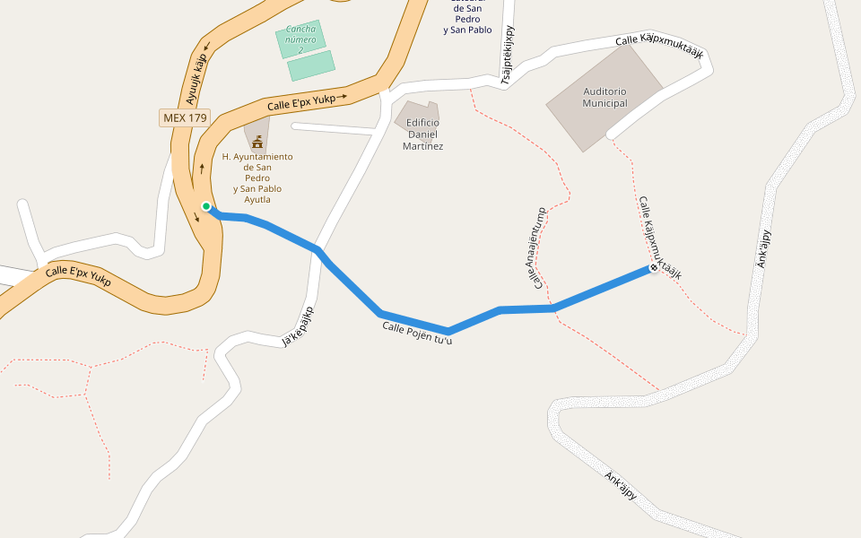 Calle Pojën tu'u walking route map in San Pedro y San Pablo Ayutla