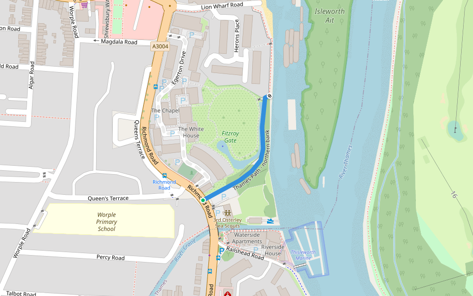 Thames Path - northern bank walking route map in Isleworth