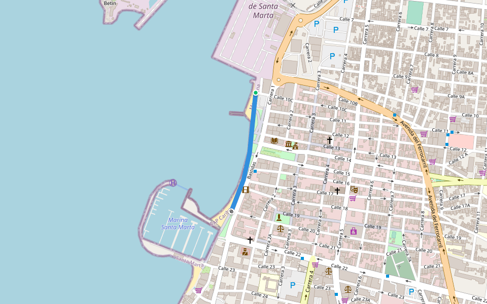 Malecón walking route map in Santa Marta