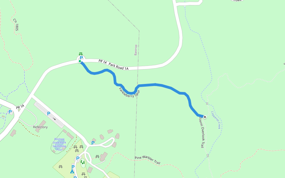 Farkleberry Spur walking route map in Bastrop