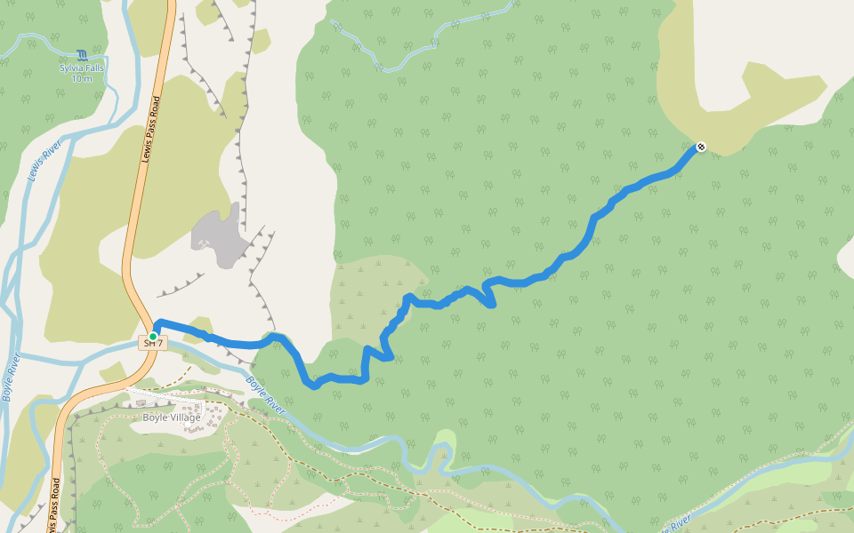 Faust Track walking route map in Lewis Pass