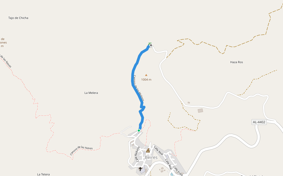 Camino de los Molinos walking route map in Beires