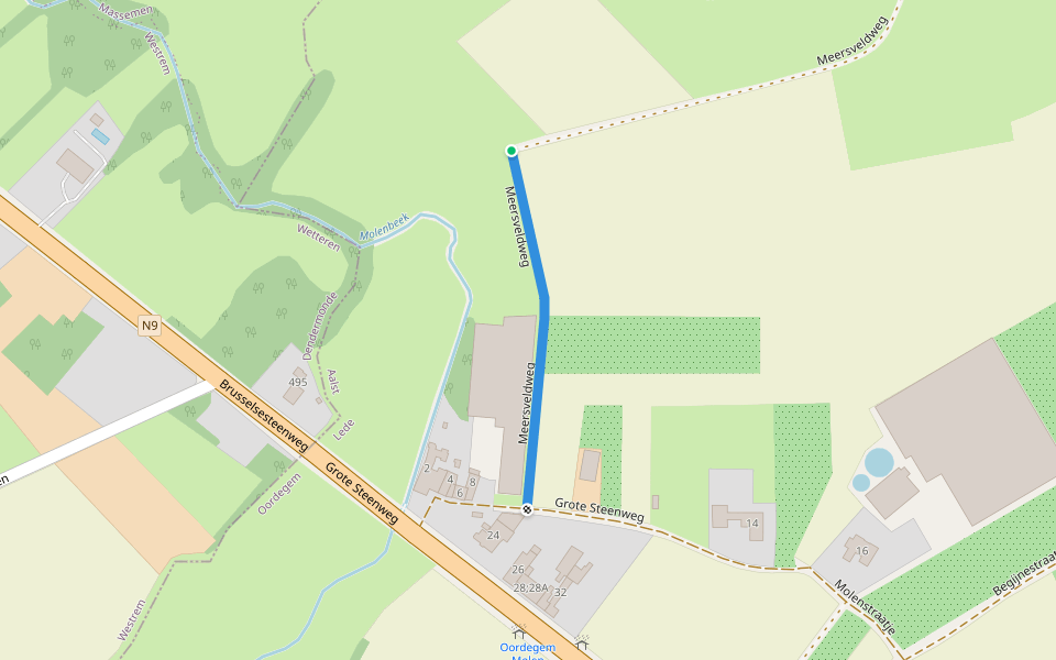 Meersveldweg walking route map in Lede