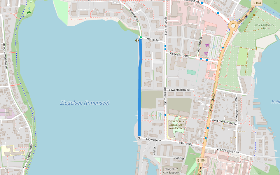 Hafenpromenade walking route map in Schwerin