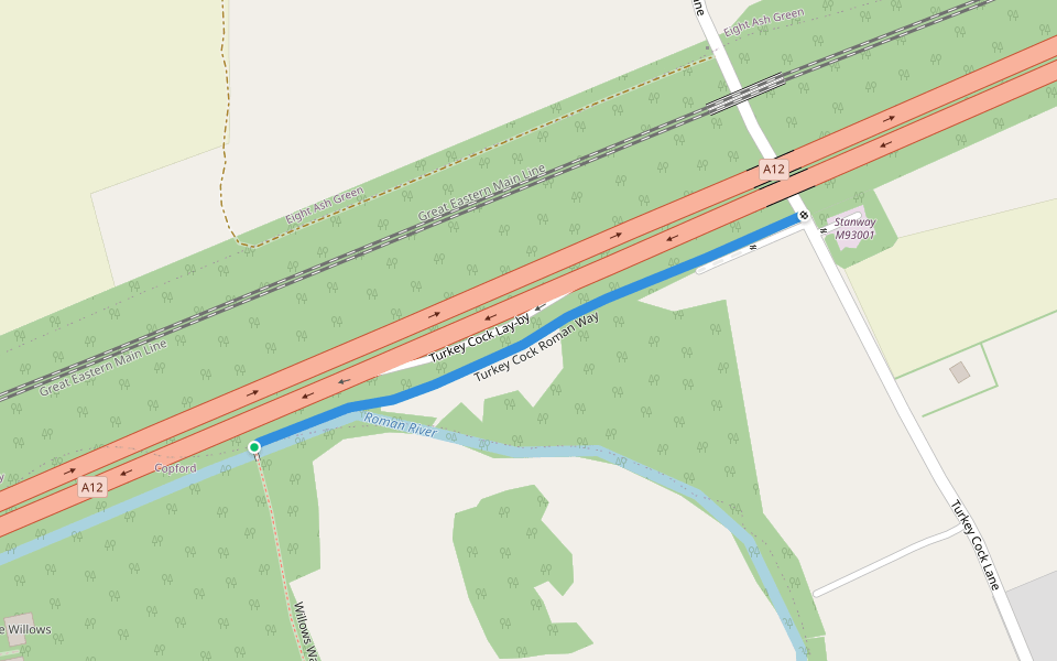 Turkey Cock Roman Way walking route map in Copford