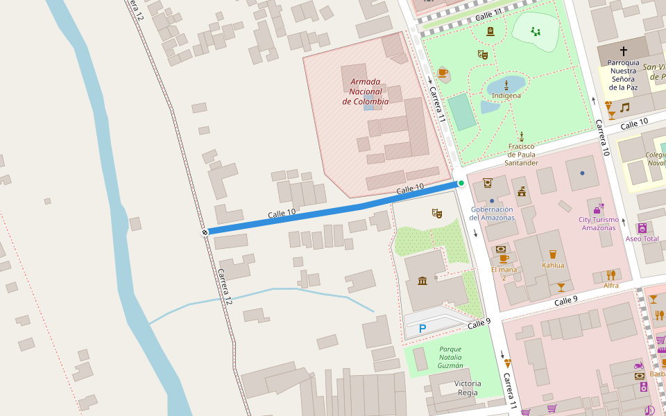 Calle 10 walking route map in Leticia
