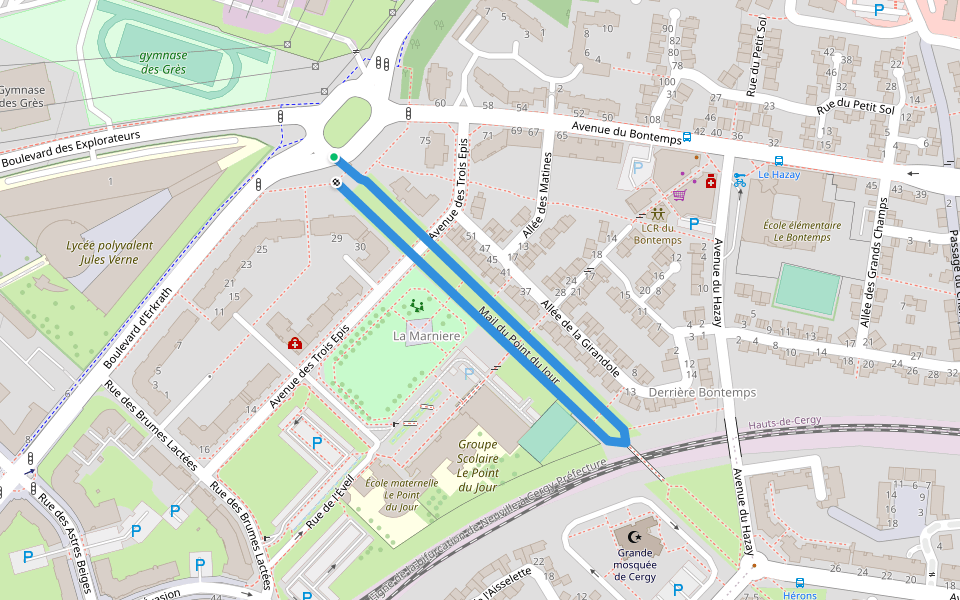 Mail du Point du Jour walking route map in Cergy