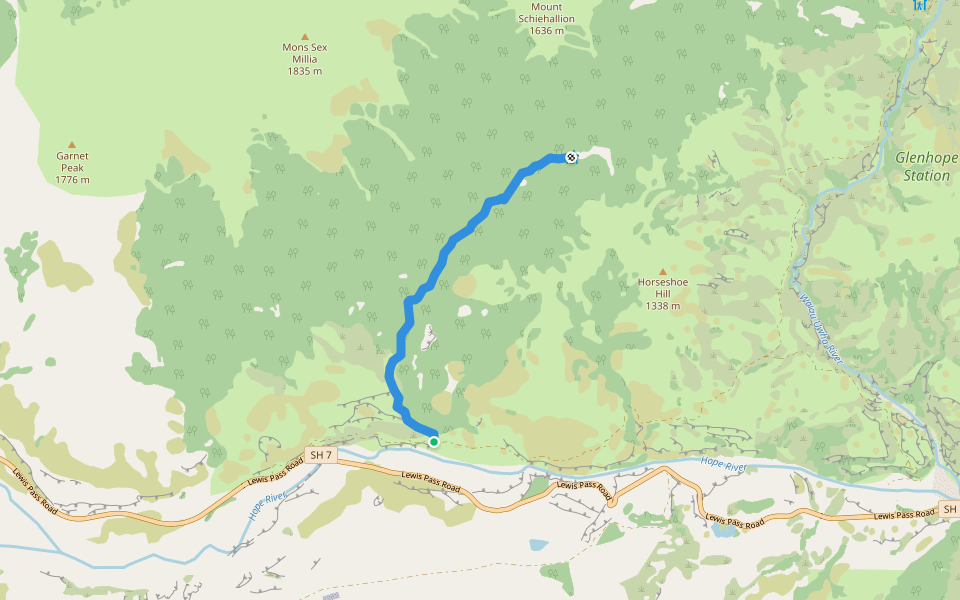 Carlyle Hut Route walking route map in Poplars Range