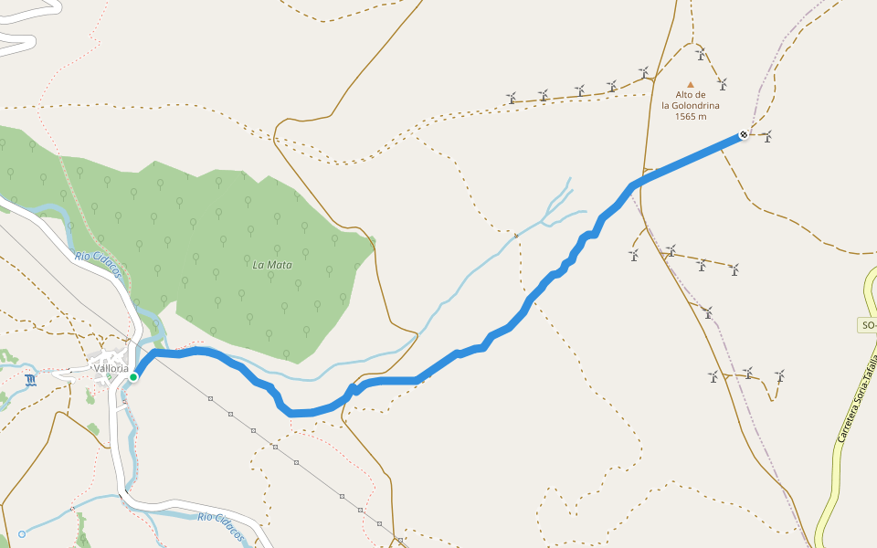 Camino Valloria-Huerteles walking route map in Valloria