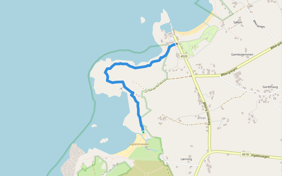 Vigdelstranden-Ølbergstranden walking route map in Ølberg