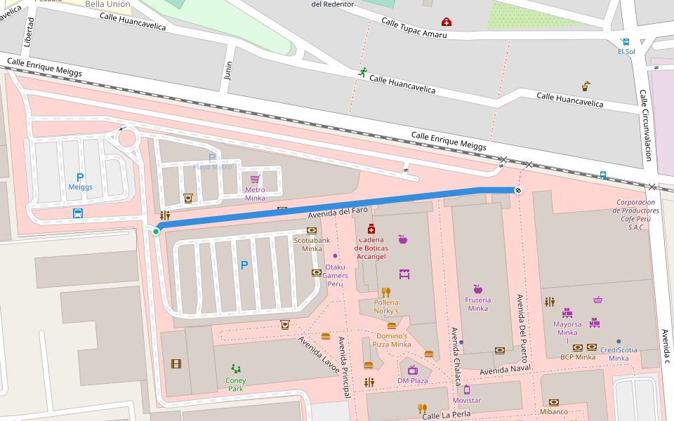 Avenida del Faro walking route map in Callao