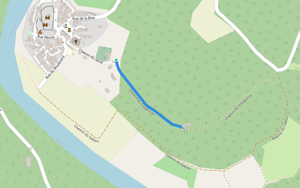 Chemin du Tchabiscau walking route map in Montclus