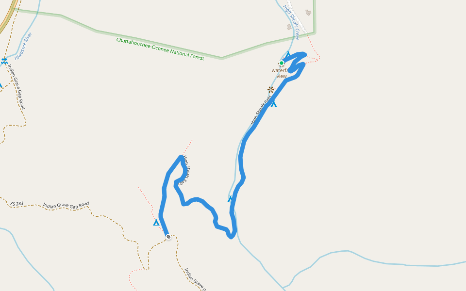 High Shoals Falls walking route map in Hiawassee