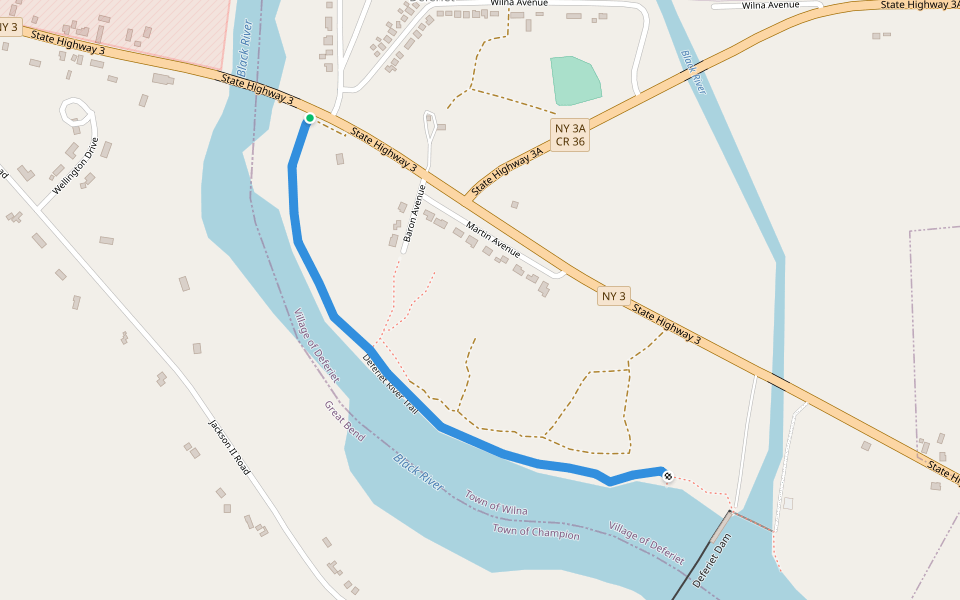 Deferiet River Trail walking route map in Carthage