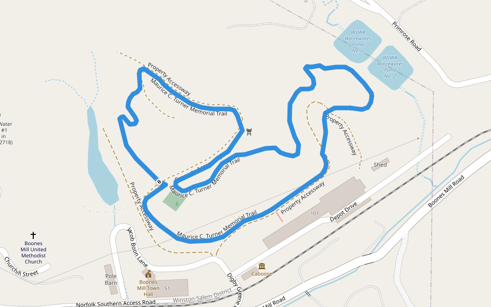 Maurice C. Turner Memorial Trail walking route map in Boones Mill