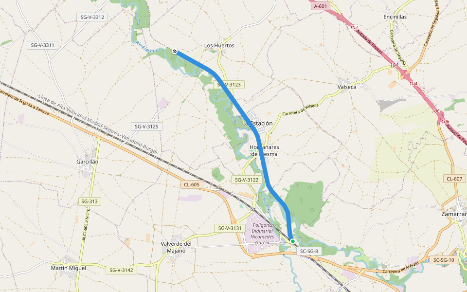 Vía Verde Valle del Eresma walking route map in Valverde del Majano