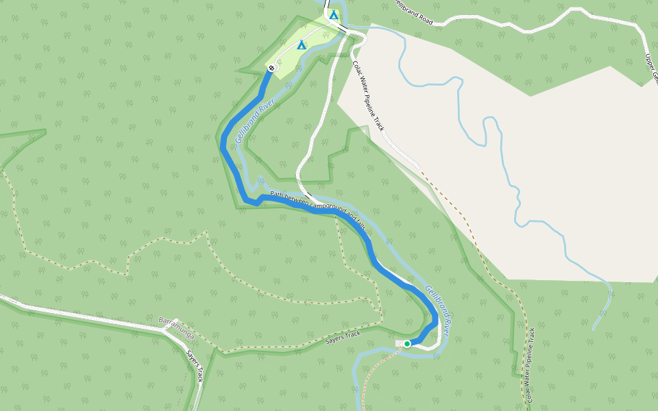 Path between campground and falls walking route map in Barramunga