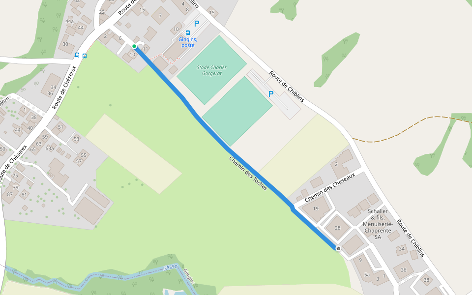 Chemin des Toches walking route map in Gingins