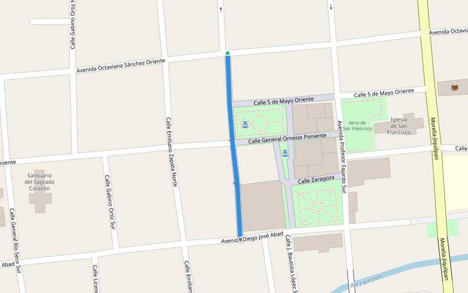 Calle General José María Arteaga walking route map in Jiquilpan de Juárez