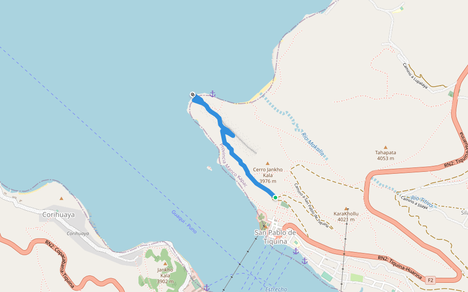 Camino al Norte del Estrecho de Tiquina walking route map in San Pablo de Tiquina