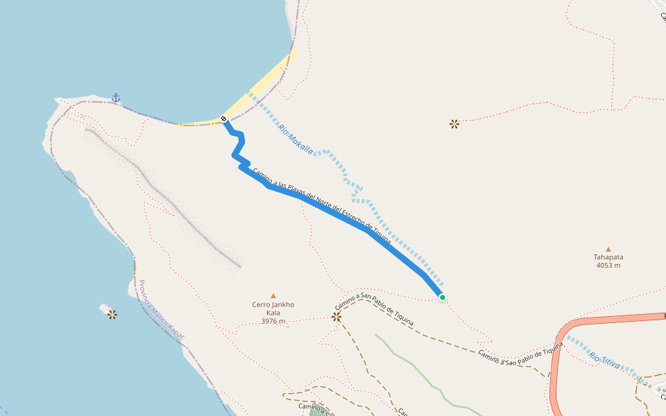 Camino a las Playas del Norte del Estrecho de Tiquina walking route map in San Pablo de Tiquina