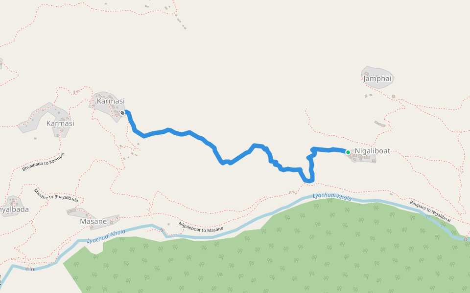 Nigaliboat to Karmasi walking route map in Seri