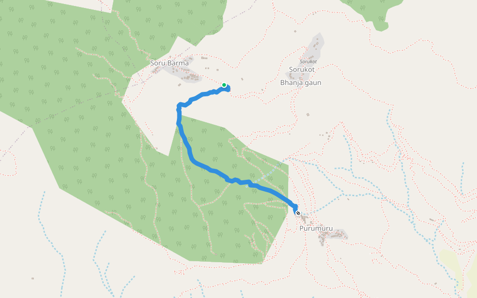 Purumuru to Sorukot Bazaar walking route map in Jima
