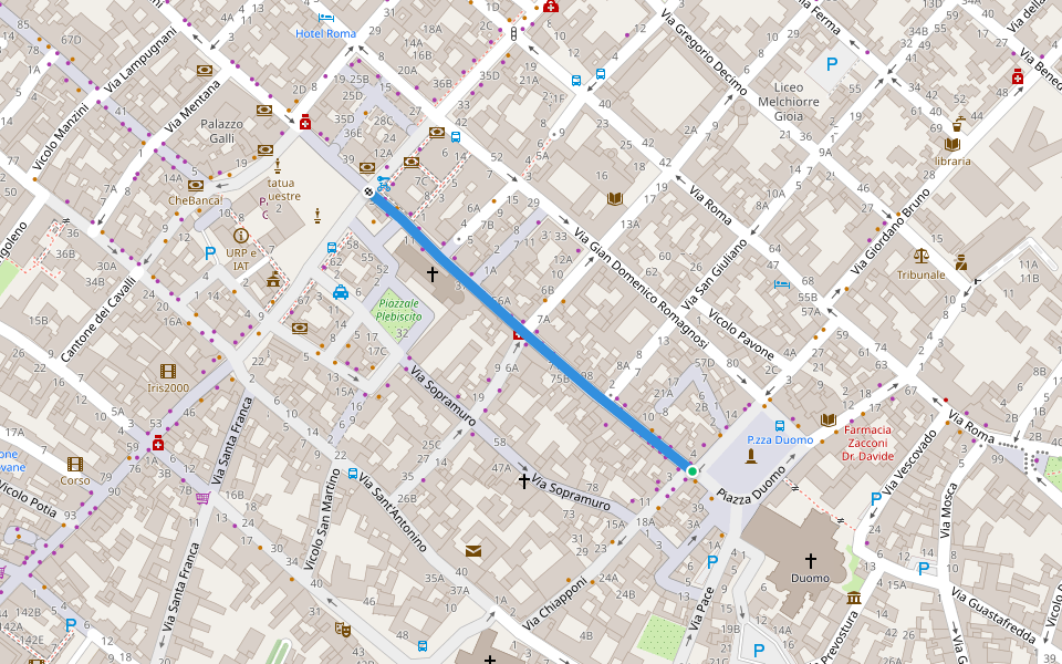 Via Venti Settembre walking route map in Piacenza