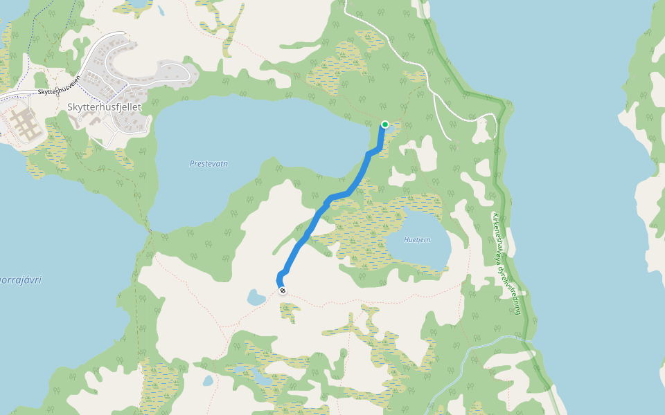 Prestevann Ø - Huehøgda walking route map in Neiden