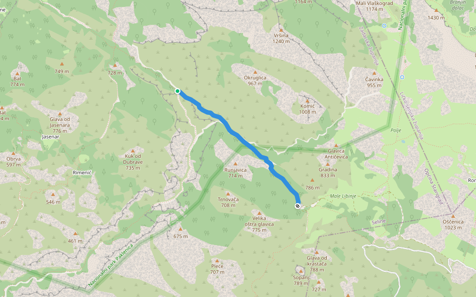 Mala Paklenica - Kneževići walking route map in Vrana