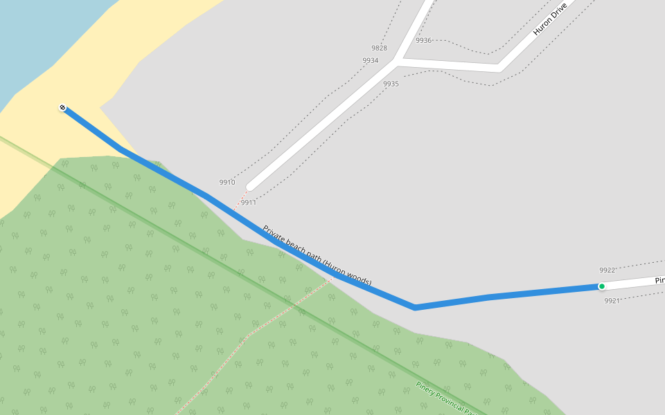 Private beach path (Huron woods) walking route map in Grand Bend