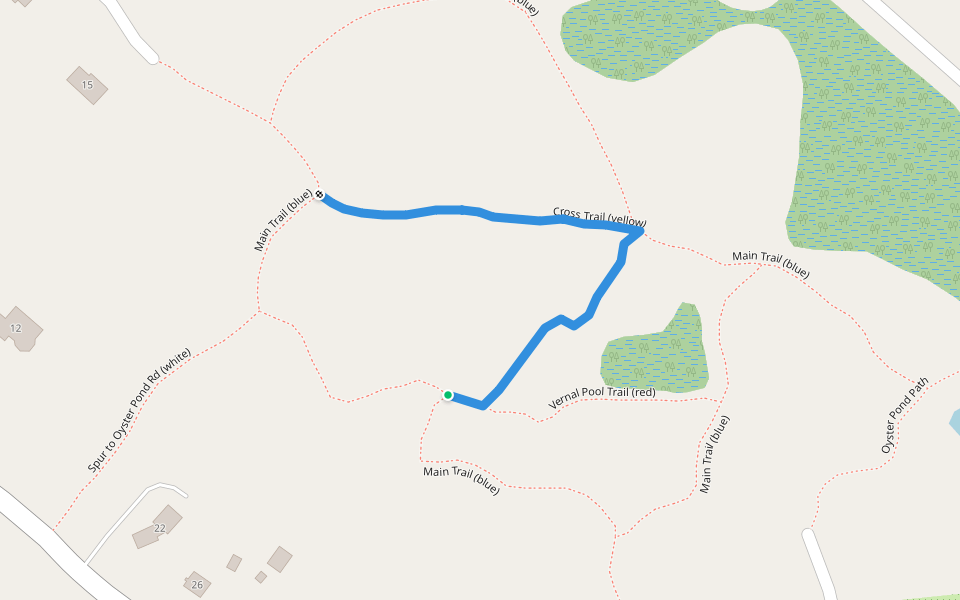 Cross Trail (yellow) walking route map in Falmouth