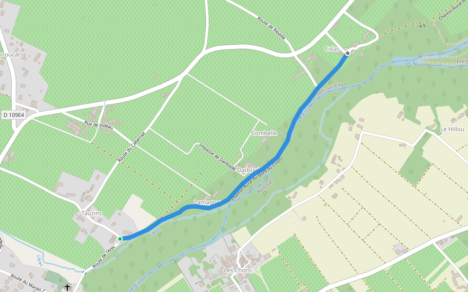 Chemin Rural du Bord du Ciron walking route map in Pujols-sur-Ciron